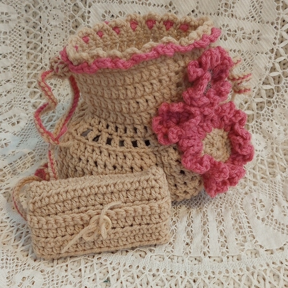 Handmade Crochet beige/Pink Bag Set with tissue case